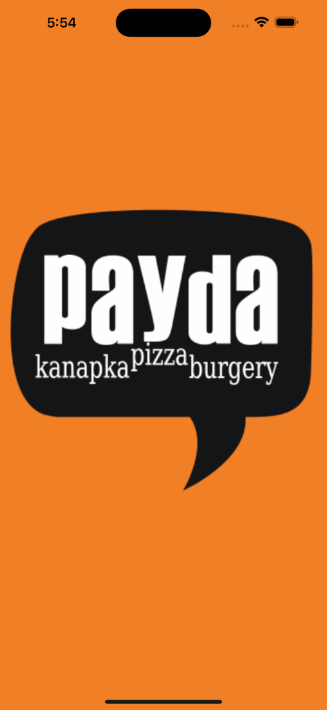 Payda - Payda restaurant app splash screen featuring the logo for sandwiches pizza and burgers on an orange background