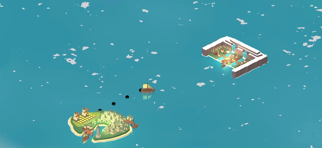 The Bonfire 2 Uncharted Shores - A small ship sailing between two islands across a wide blue ocean