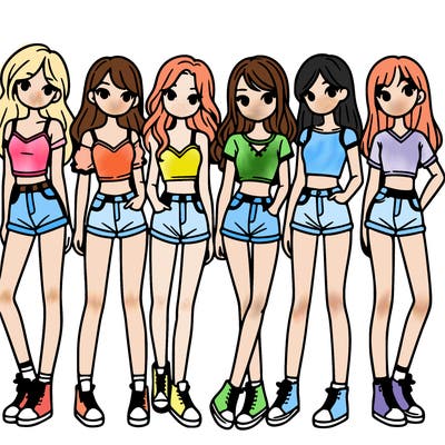 a group of girls wearing crop tops and shorts