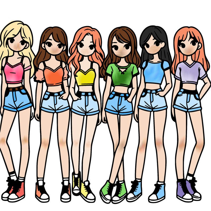 a group of girls wearing crop tops and shorts