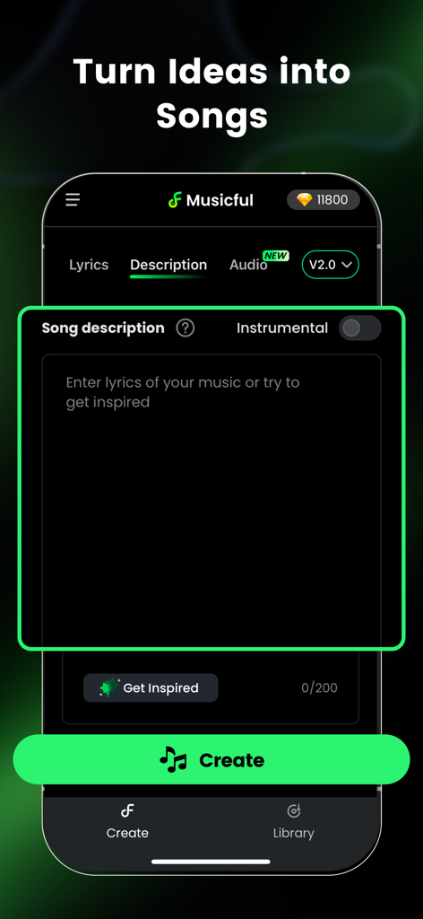 AI Song Generator - Musicful - Pantalla de la app Musicful para introducir descripciones de canciones y letras para generar música con IA.