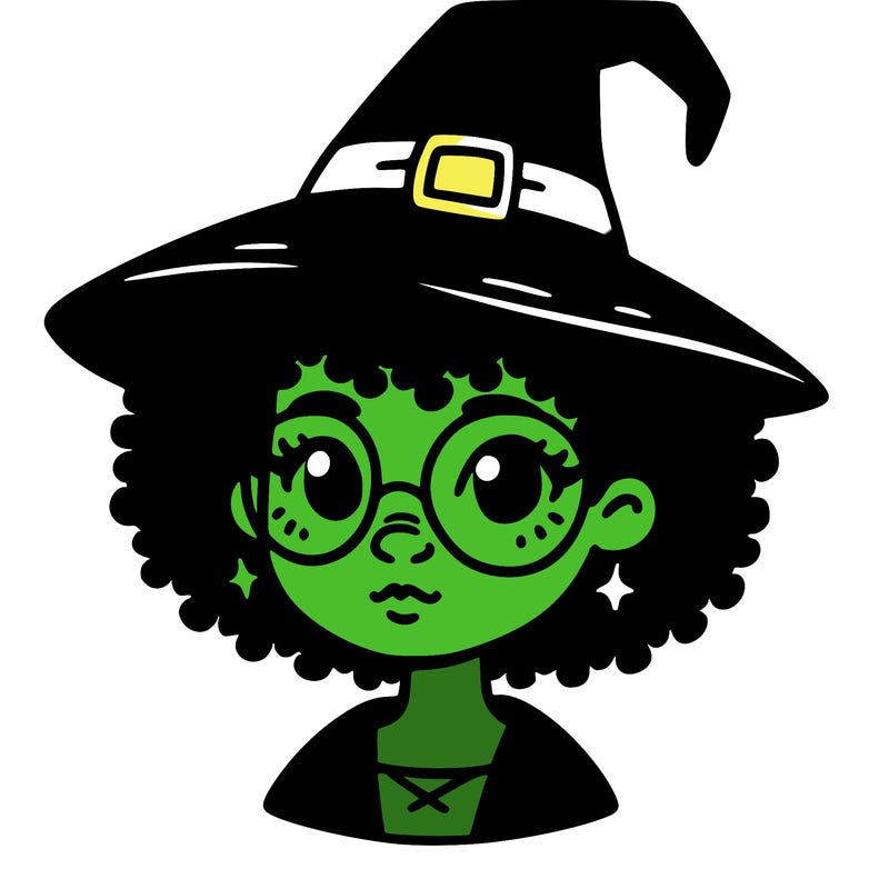 a black person who is a witch and has glasses
