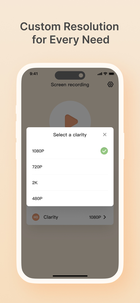 Selección de opciones de resolución de video personalizadas como 2K y 1080P en la aplicación Screen Recorder