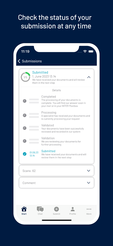 My INTER - Mobile app interface for tracking insurance document submission status