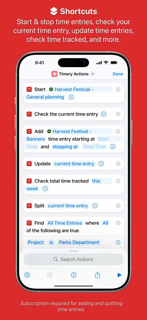 Timery app interface showing various iOS Shortcuts actions for automated time tracking.