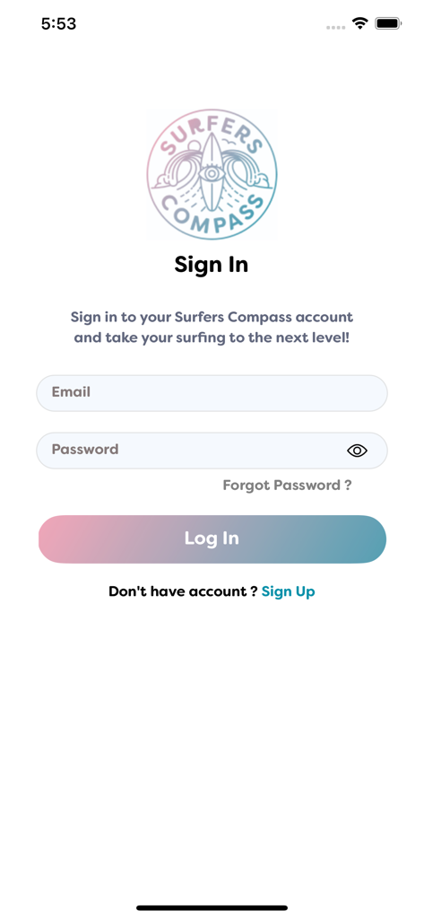 SurfersCompass app sign in page with brand logo and login fields