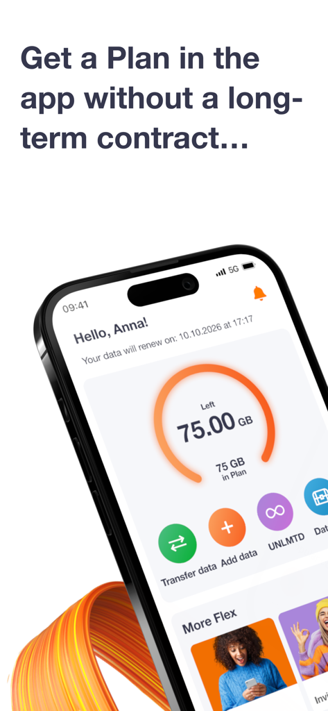 Orange Flex – offer with eSIM - Orange Flex mobile app interface showing data balance and plan management options