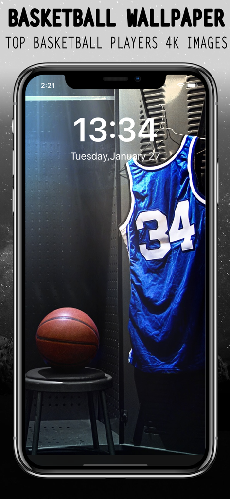 Basketball Wallpaper - Smartphone displaying a high quality basketball wallpaper with a jersey and ball in a locker room
