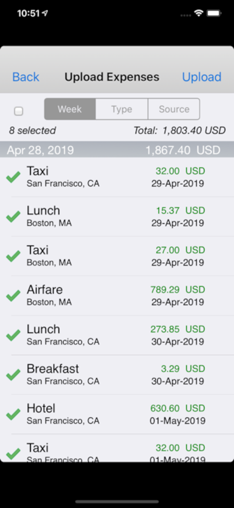 Oracle Fusion Expenses - A list of selected business expenses including taxi lunch and airfare in the Oracle Fusion Expenses mobile app
