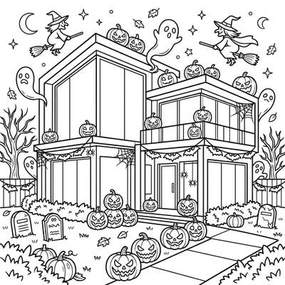 Get ready for a frightfully fun coloring experience with this unique modern mansion, expertly decked out for Halloween. Bring this spooky scene to life with your favorite colors and imaginative flair.