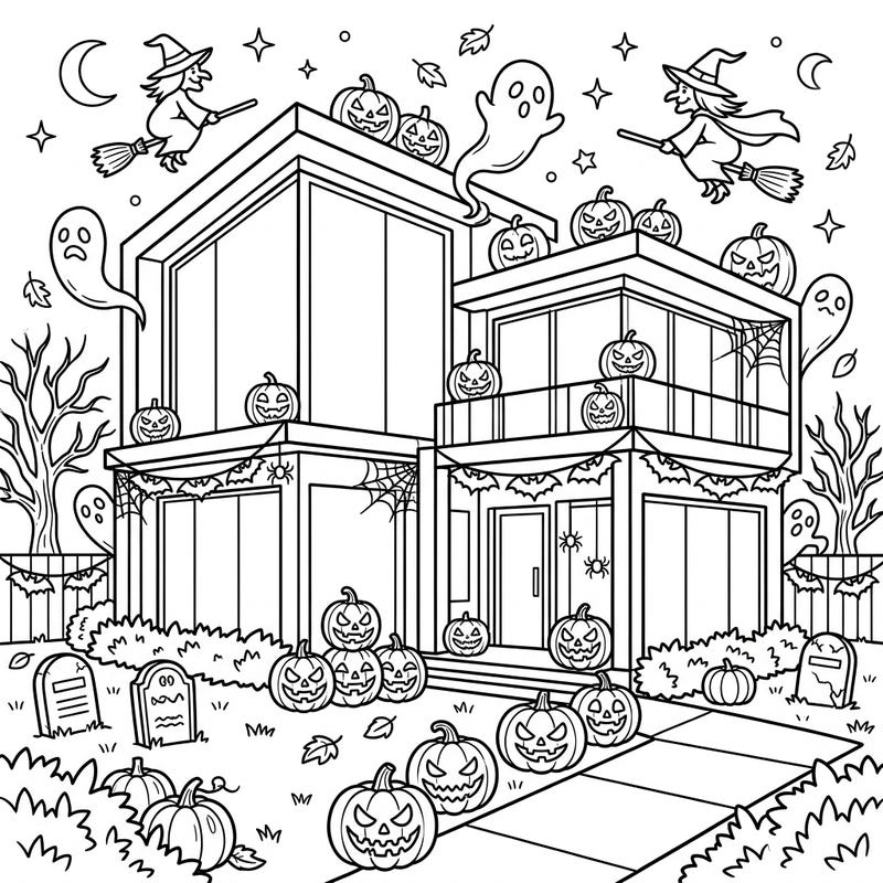 Get ready for a frightfully fun coloring experience with this unique modern mansion, expertly decked out for Halloween. Bring this spooky scene to life with your favorite colors and imaginative flair.