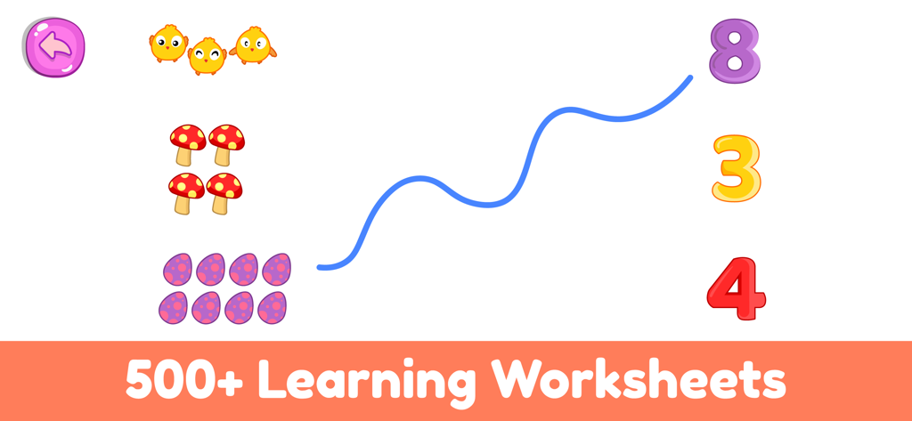 ElePant Kids Learning Games 2+ - A preschool counting and matching activity where children link groups of objects like chicks and mushrooms to their corresponding numbers.