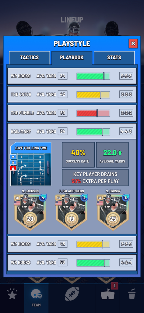 Blitz Football Franchise 2024 - 블리츠 풋볼 프랜차이즈 2024 플레이북 관리 화면, 작전 전술 및 선수 통계 표시
