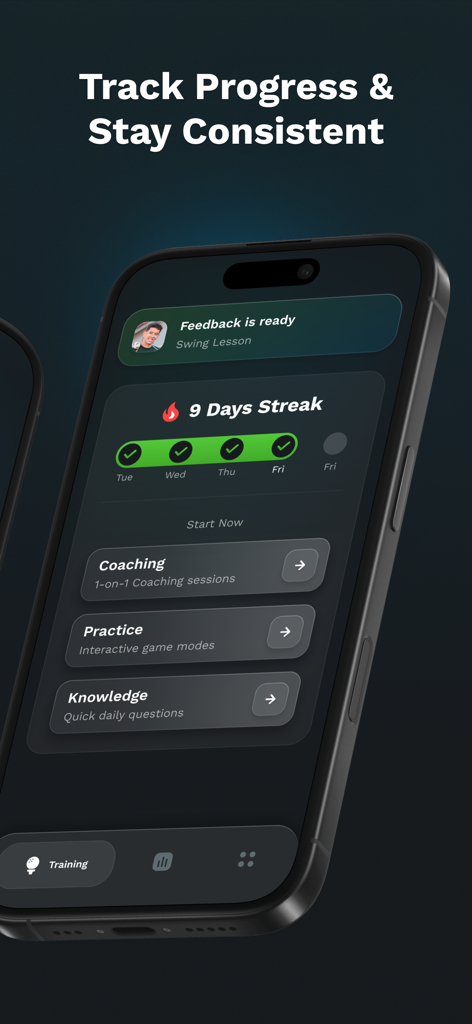 Golf Daddy: Golf At Home - Golf Daddy app interface showing a 9-day streak tracker and coaching options on an iPhone