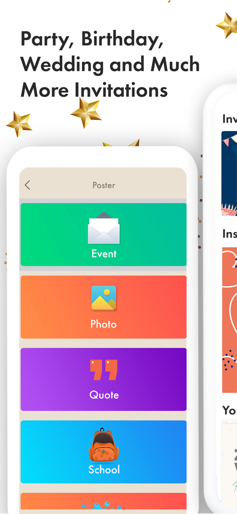 Photo Poster Maker - イベント、写真、引用、学校のテンプレートオプションが表示された写真ポスターメーカーのユーザーインターフェース