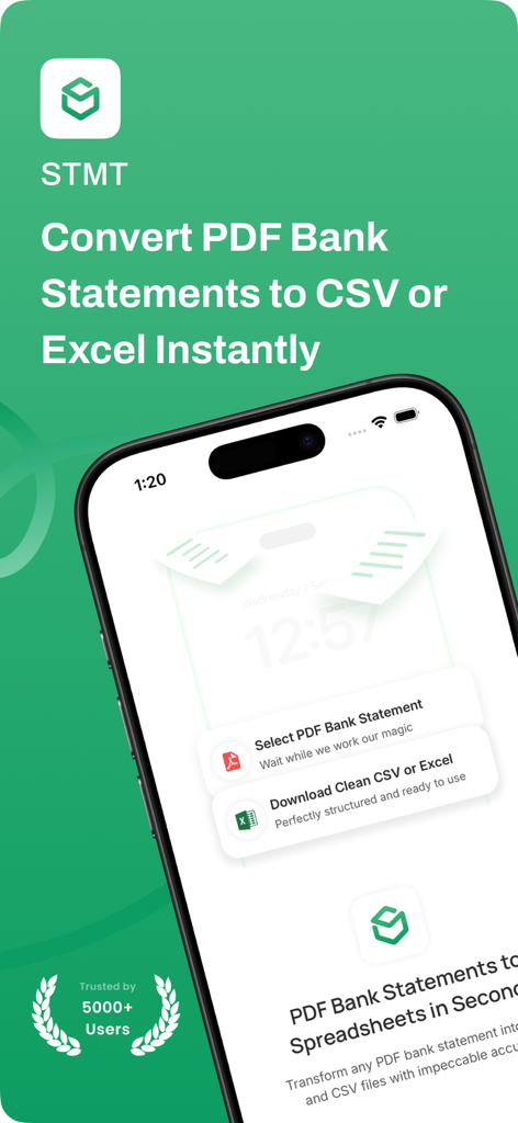 Stmtアプリのインターフェースがスマートフォン画面に表示され、PDF銀行明細書をCSVまたはExcel形式に変換するプロセスを示しています