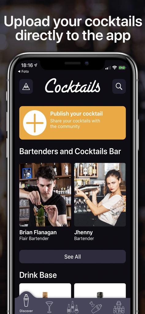Screenshot of the Cocktails For Real Bartender app community page showing options to publish cocktails and view professional bartender profiles