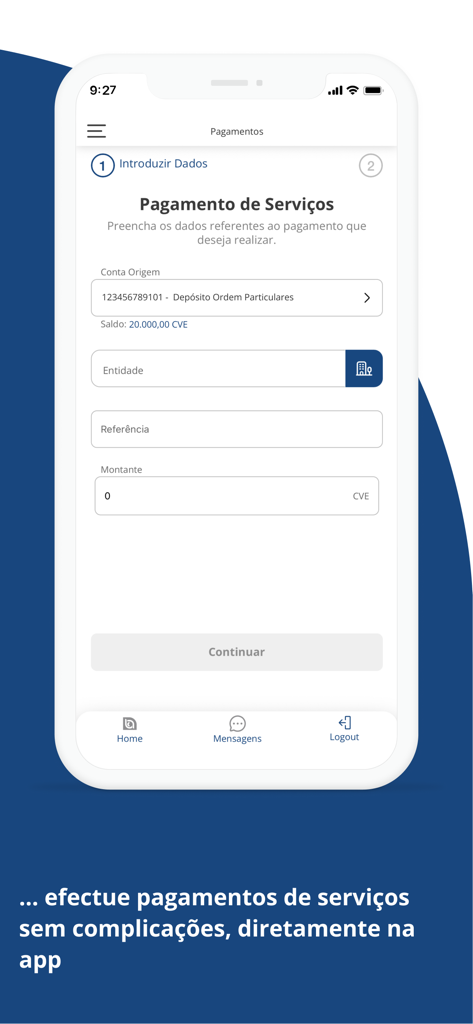 BCADirecto mobile app interface showing a service payment screen in Portuguese
