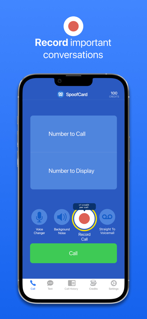 SpoofCard - Privacy Protected - Smartphone screen showing the SpoofCard app call recording feature with options for background noise and voice changer.