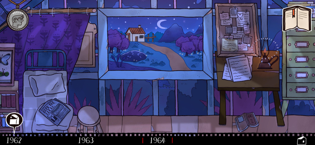 Reviver: Butterfly - Eine handgezeichnete Schlafzimmerszene in Reviver Butterfly mit einer Zeitleiste und einem Fensterblick auf ein Haus bei Nacht.