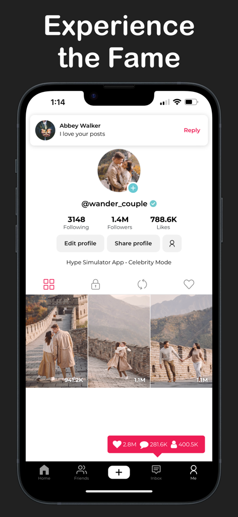 Interface of Hype Simulator showing a simulated influencer profile with millions of followers and viral post notifications.