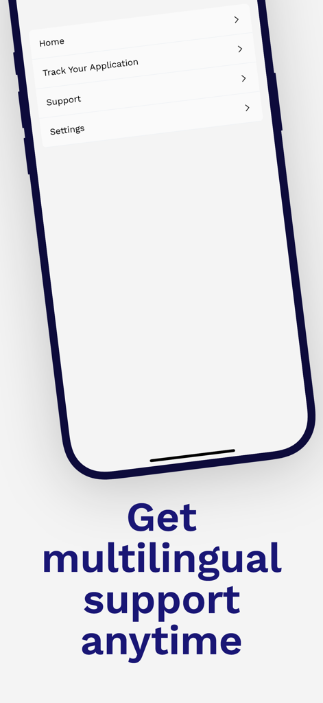 UK ETA Visa Services - Menú de la aplicación UK ETA Visa Services que muestra soporte multilingüe y opciones de seguimiento de solicitudes