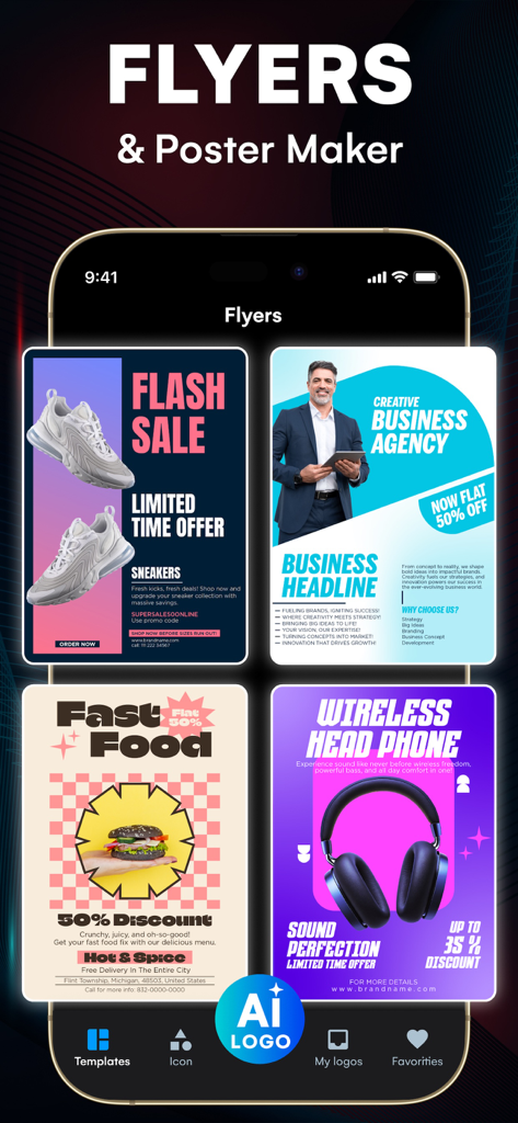 Interface de aplicativo móvel exibindo uma variedade de modelos profissionais de flyers e pôsteres para vendas comerciais, comida e produtos.