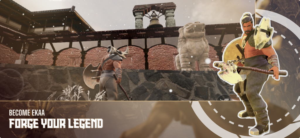 Nepa: Saga - Epic Offline RPG - El guerrero Ekaa sosteniendo un hacha grande frente a un antiguo templo del Himalaya en el RPG Nepa Saga