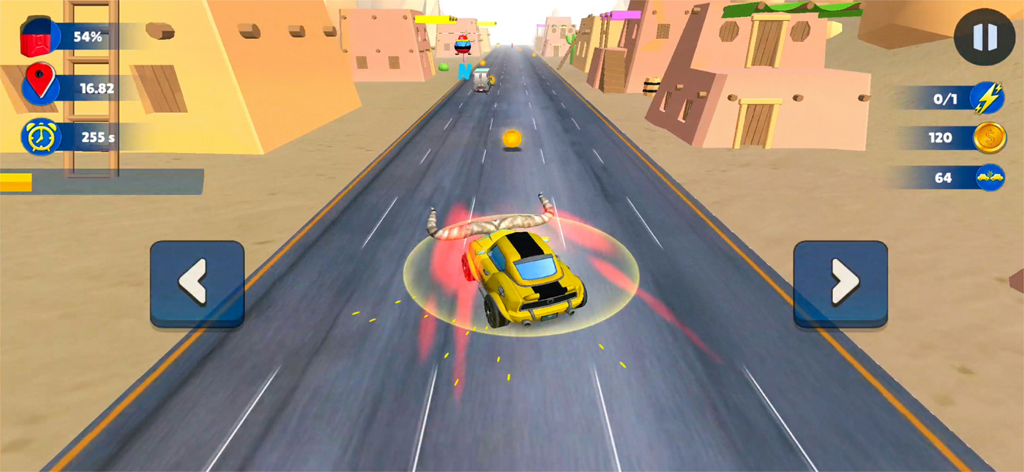 Captura de pantalla de jugabilidad de Mini Car Racing Game Offline con un coche mini amarillo conduciendo por una carretera desértica