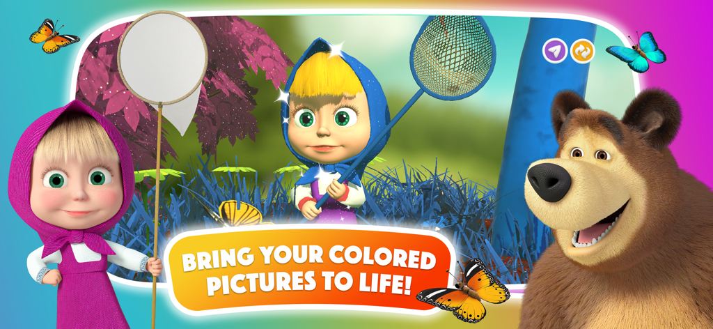 Masha and the Bear Magic Color - Personajes de Masha y el Oso en un vibrante mundo 3D con mariposas animadas