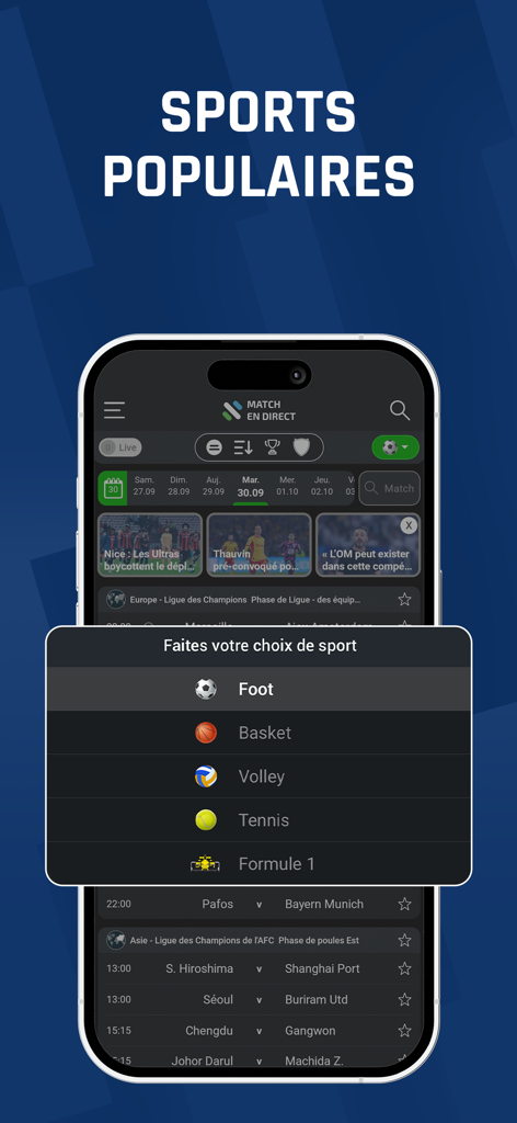 Popular sports selection menu in the Match en Direct mobile app