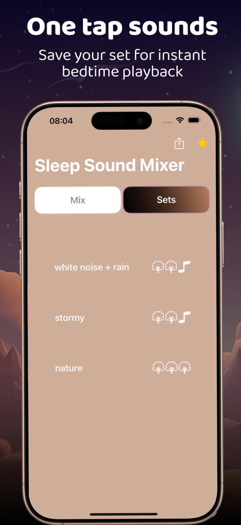 Baby Sleep Sounds by Comfy - Interfaz de Sonidos para dormir bebés de Comfy que muestra el Mezclador de Sonido para dormir y favoritos guardados como ruido blanco y lluvia.