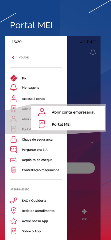 Menu lateral do aplicativo Bradesco Net Empresa exibindo o Portal MEI e opções de abertura de conta empresarial.