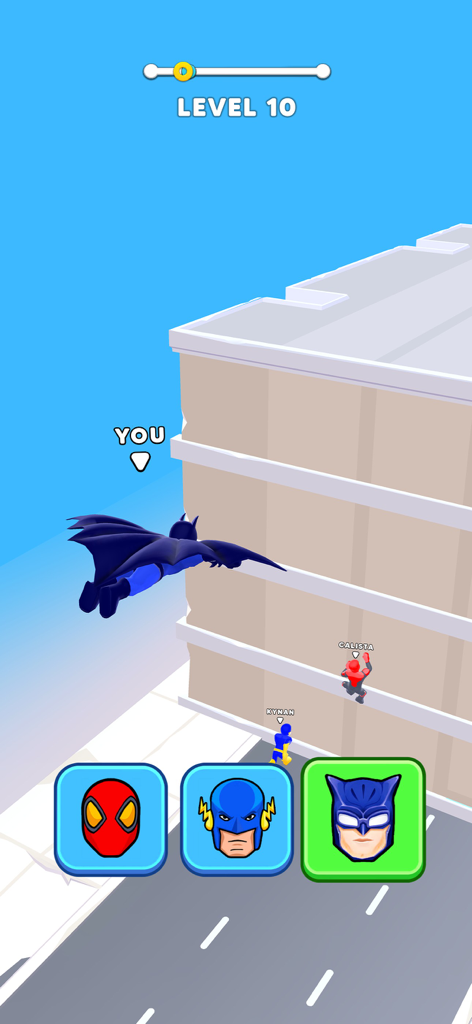 Hero Transform: Superhero Game - Superhero character flying toward a building in a level of Hero Transform game