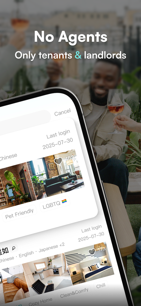Wellcee App-Bildschirm, der Wohnungsanzeigen mit Tags für haustierfreundliche und LGBTQ+-freundliche Optionen und ohne Maklergebühren zeigt