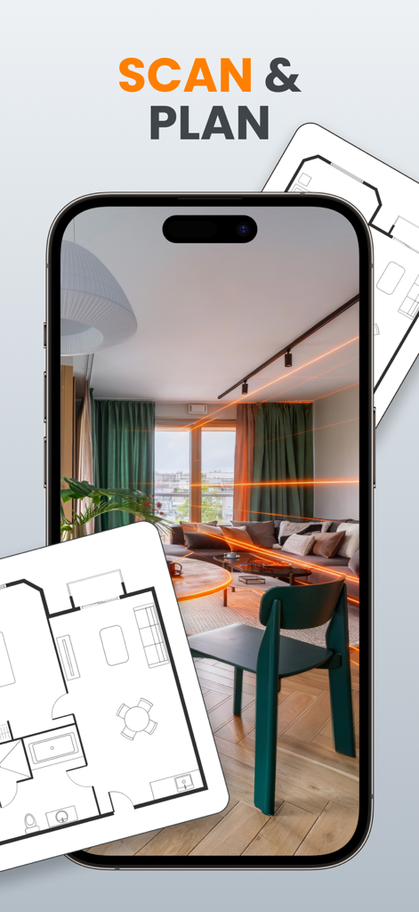 House Design Ai - Home Planner - Smartphone app scanning a living room with laser lines to generate a 2D floor plan layout.