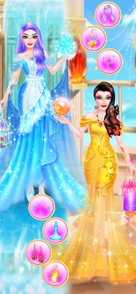 Eisprinzessin in einem blauen Kleid und Feuerprinzessin in einem goldenen Kleid.