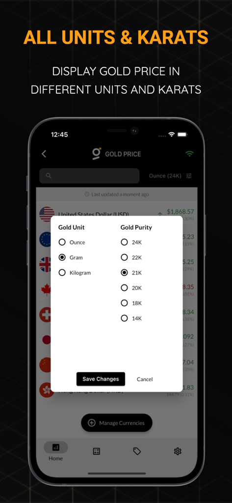 グラムや14Kから24Kまでの純度などの金単位を選択するための金価格アプリ画面