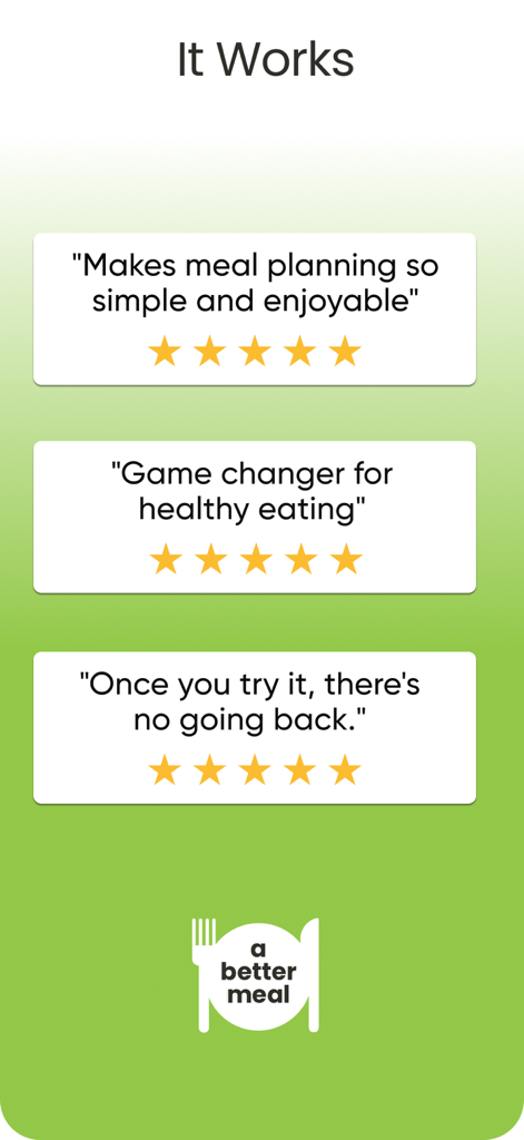 a better meal - Meal Planner - Captura de tela de avaliações positivas de cinco estrelas de clientes para o aplicativo de planejamento A Better Meal, destacando sua simplicidade e benefícios para a saúde.