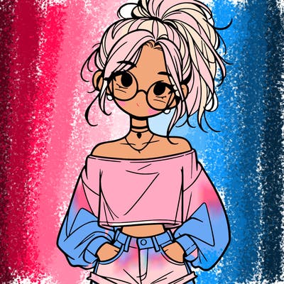 girl with a messy ponytail glasses a baggy crop top and jean shorts
