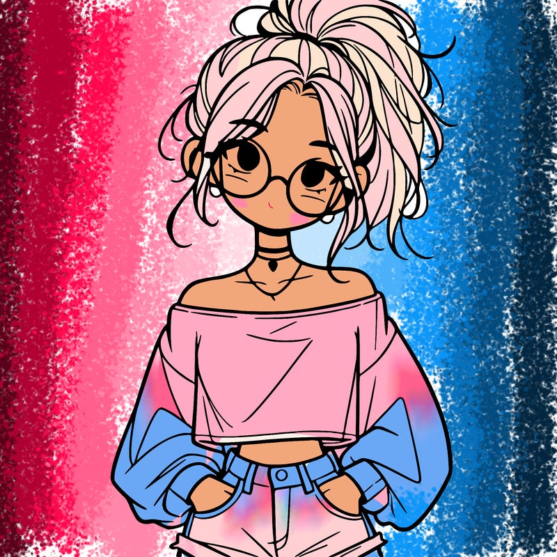 girl with a messy ponytail glasses a baggy crop top and jean shorts