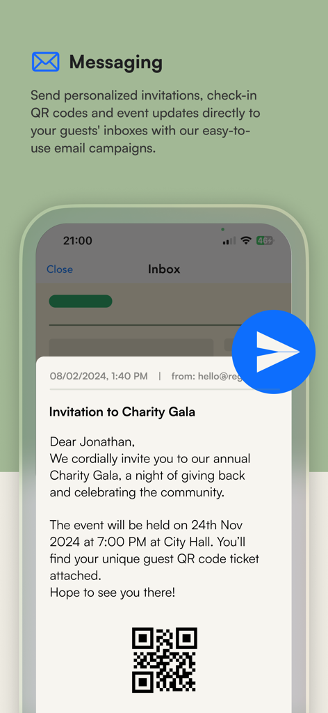 Guestlist: Guest List App - Una interfaz móvil que muestra la función de mensajería con una invitación personalizada para una Gala benéfica y un código QR de check-in de invitados.