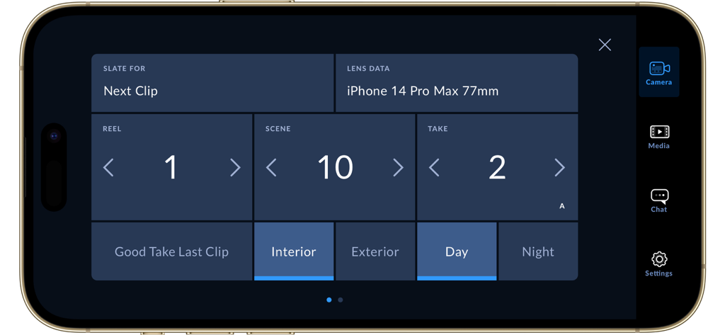 Digital slate interface in the Blackmagic Camera app showing metadata for reel scene take and location