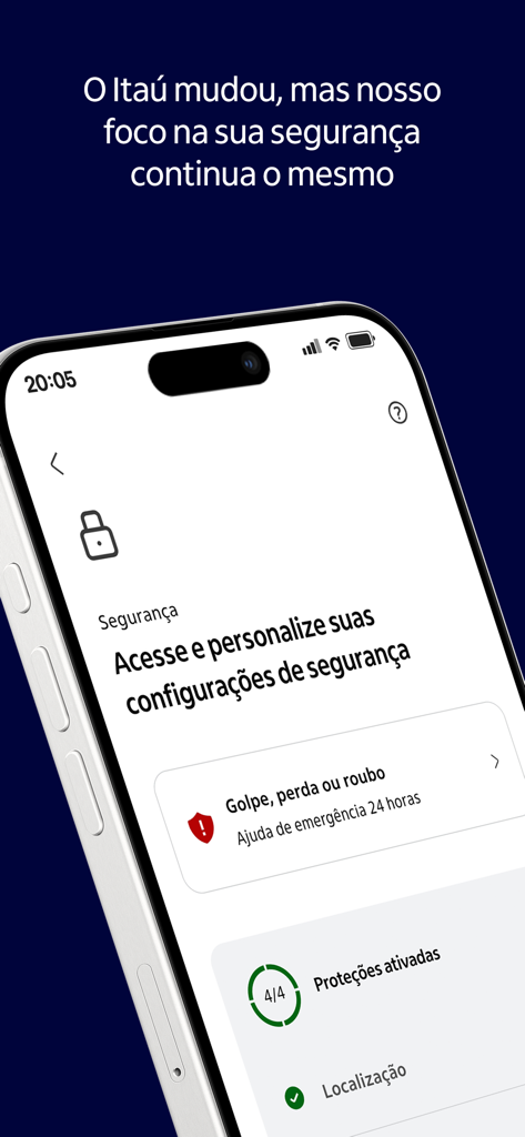 Pantalla de configuración de seguridad de la aplicación Itau Personnalite mostrando ayuda de emergencia para estafas y robos