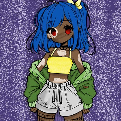 cute anime and beautiful teenage girl with a baggy crop top and shorts with a ponytail