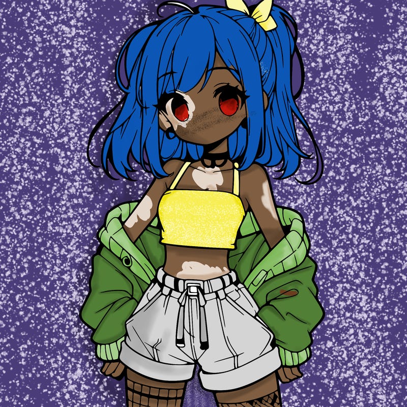 cute anime and beautiful teenage girl with a baggy crop top and shorts with a ponytail