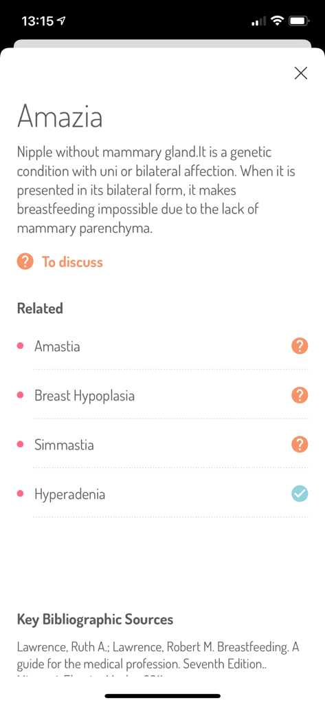 LactApp Medical clinical reference screen for the condition Amazia showing a medical definition and related conditions for healthcare professionals