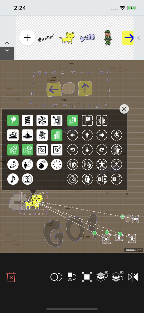 Springin' - Visual programming interface in Springin app with logic icons and hand drawn character sprites