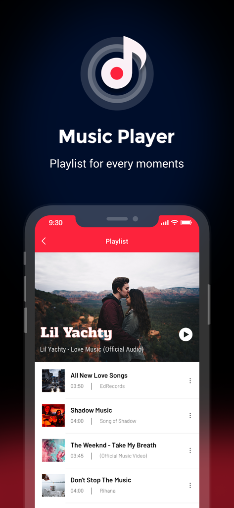 Pantalla de smartphone mostrando la interfaz de lista de reproducción de la aplicación Offline Music Player.
