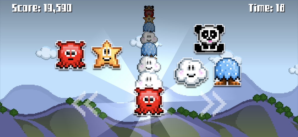 Critter Panic! - クリッターパニックのゲームプレイ画面。ピクセルアートのキャラクターと山の背景が特徴。